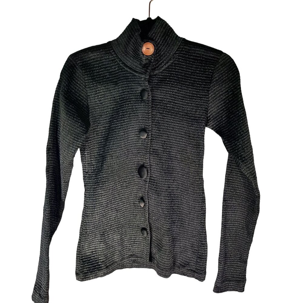 Delfina Balda Turtleneck Button Up Textured Top In Black